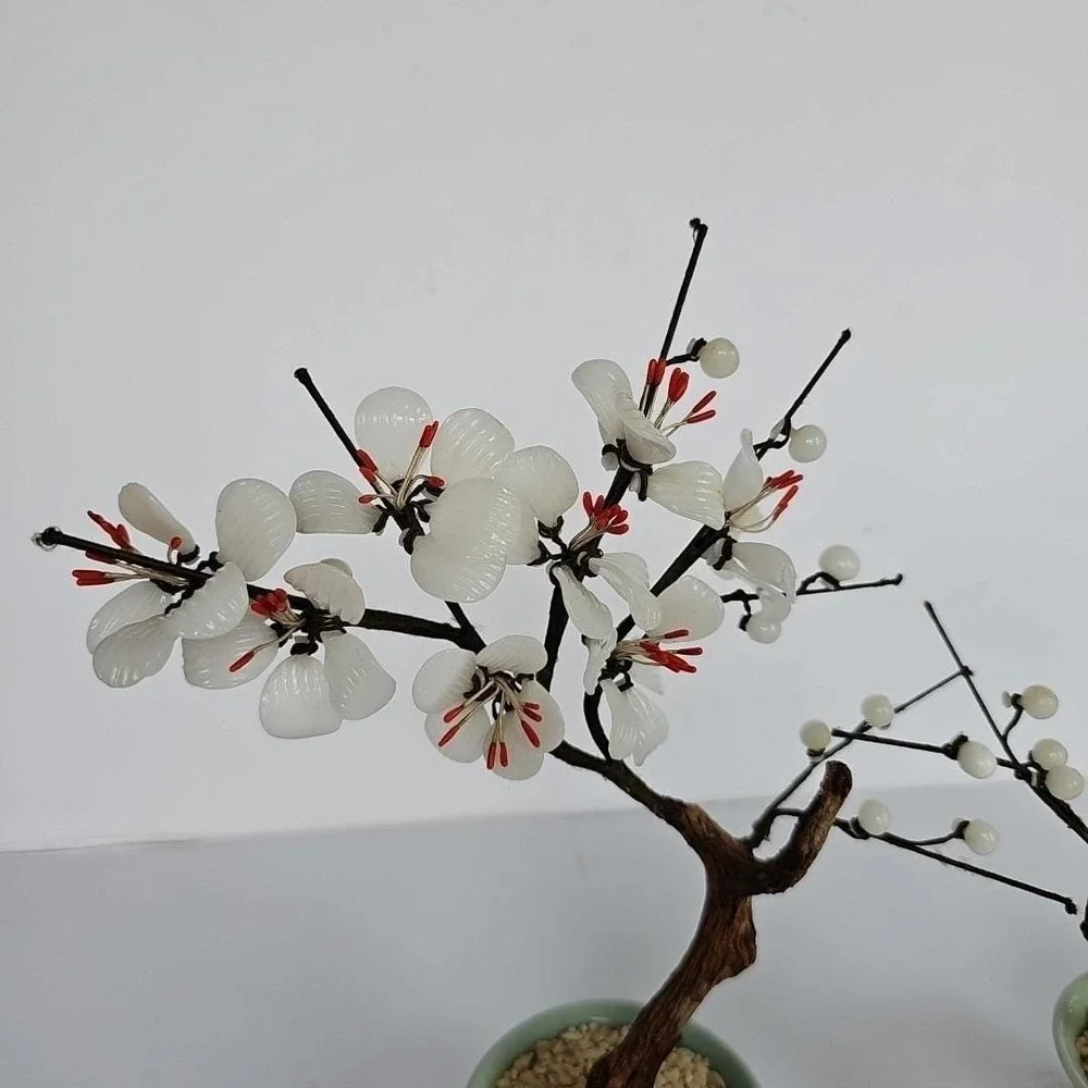 Vintage Chinese Glass Bonsai Tree Pair White Plum Blossom Celadon‎ Pot Decor